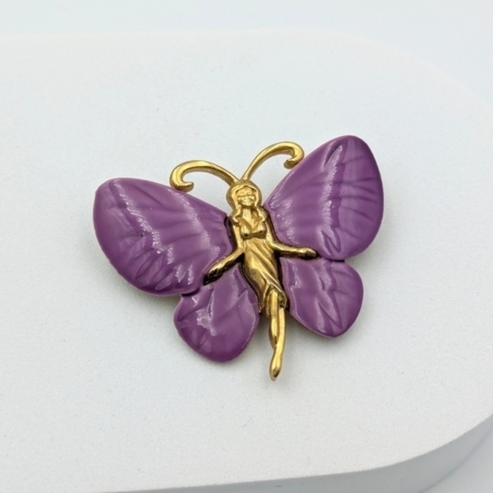 Woman as a butterfly purple enamel brooch pin